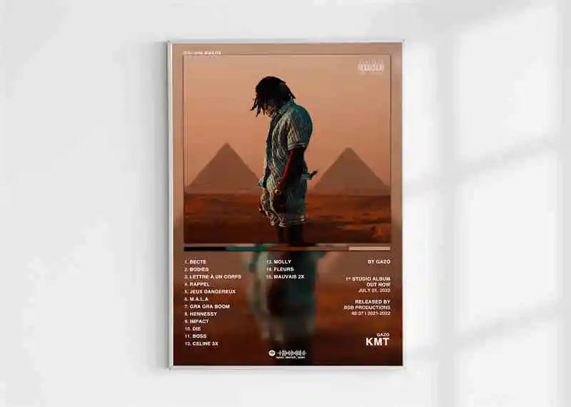 A framed canvas print poster aesthetic 2pac featuring a silhouette with pyramids and 2pac pnl plk errr tracklist details