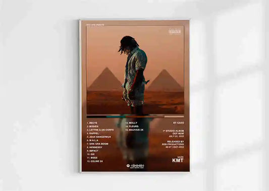 A framed canvas print poster aesthetic 2pac featuring a silhouette with pyramids and 2pac pnl plk errr tracklist details
