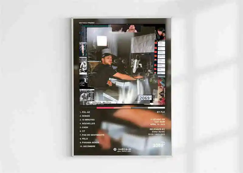 Black and white poster aesthetic 2pac with man in studio and track titles for pnl plk errr hip hop rock wall art print