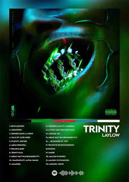 Neon green and black canvas print featuring a glowing stylized mouth with sharp teeth poster aesthetic 2pac pnl plk errr