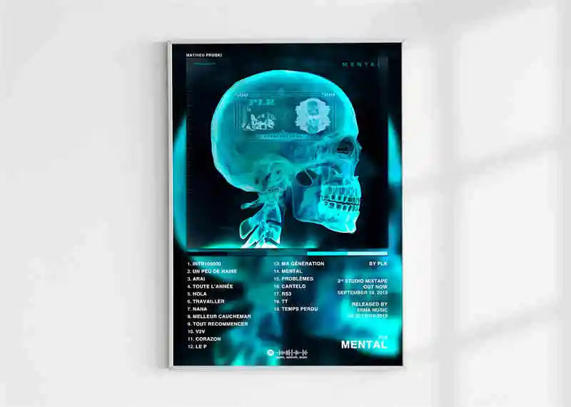 A framed cyan glowing skull poster aesthetic 2pac pnl plk errr hip hop canvas print with mental album tracklist by mathieu priber