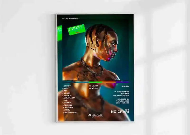 A framed poster aesthetic 2pac featuring a metallic gold and purple face paint portrait with chains on teal background