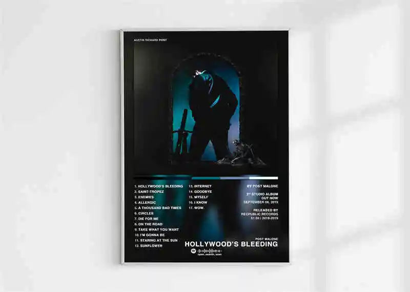 Black framed poster aesthetic 2pac featuring silhouette with sword and hollywoods bleeding tracklist for hip hop decor