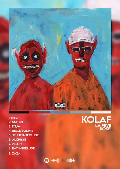 A hip hop rock canvas print wall art features two red-skinned figures on a blue background poster aesthetic 2pac pnl plk errr
