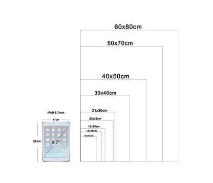 A 9.7-inch silver ipad alongside paper size references featuring a French rap pop music album poster aesthetic 2pac print