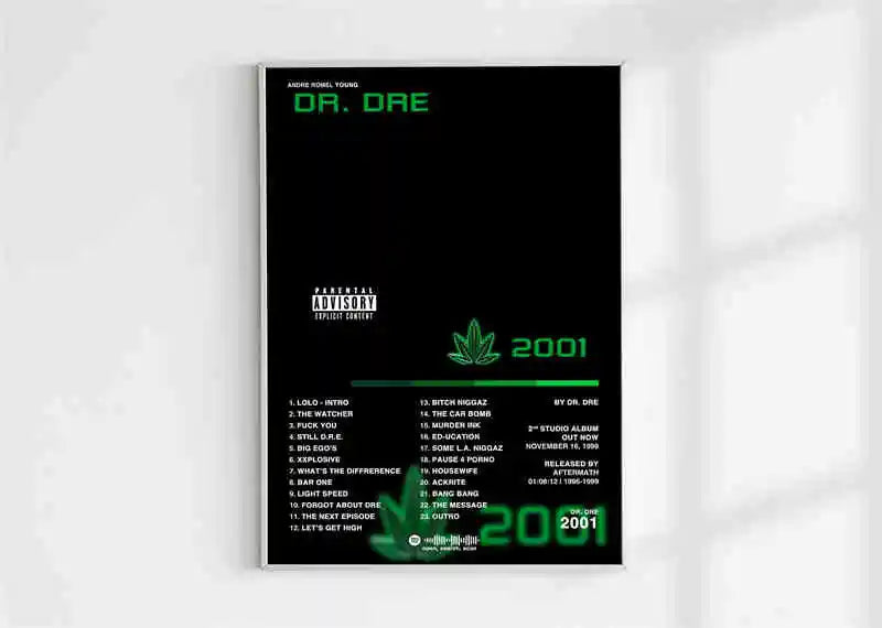 Black framed poster aesthetic 2pac with green neon text and cannabis leaf graphics for hip hop rock room decor