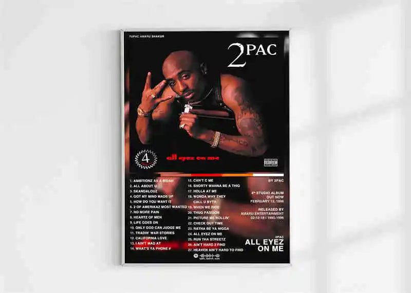 Black and red poster aesthetic 2pac featuring tupac shakur in gold chains promoting all eyez on me album wall art print
