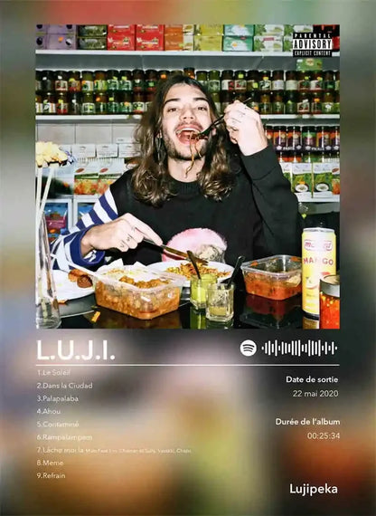 The album cover poster aesthetic 2pac featuring l.u.j.i. with long hair and food containers at a table for hip hop decor
