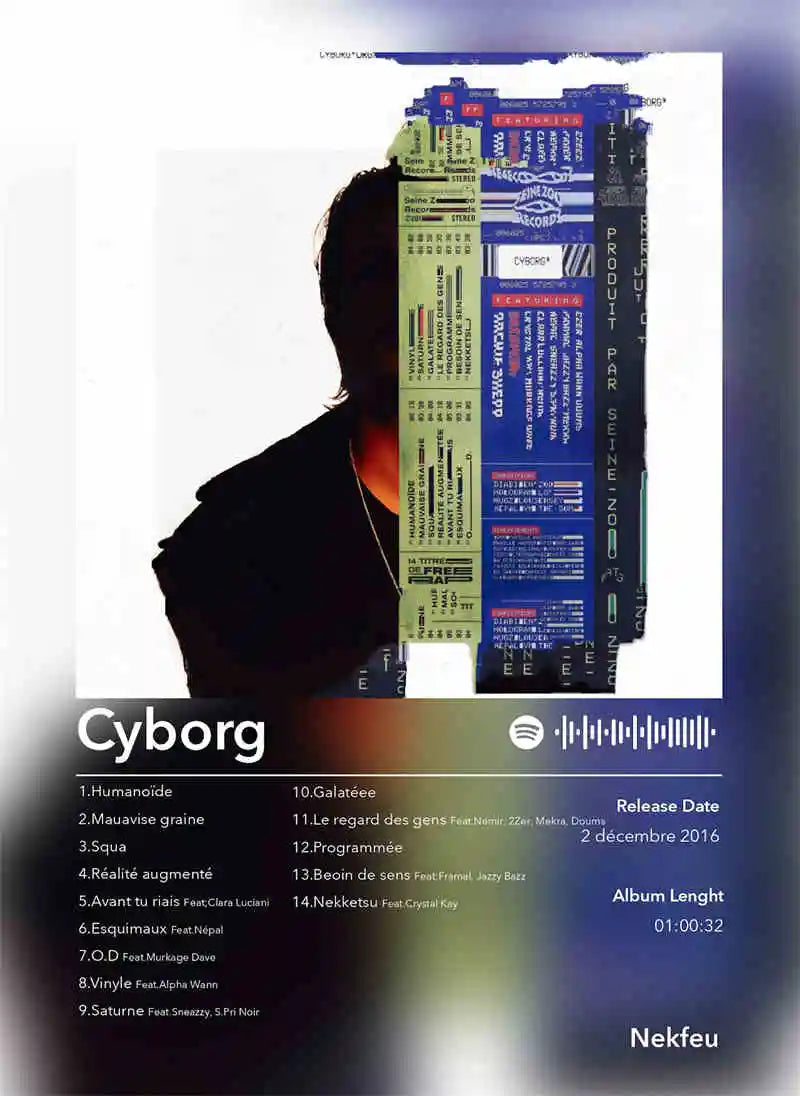 Cyborg album cover poster aesthetic 2pac featuring silhouette with stacked concert tickets in blue yellow green tones