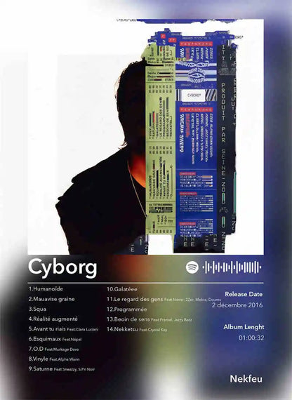Cyborg album cover poster aesthetic 2pac featuring silhouette with stacked concert tickets in blue yellow green tones