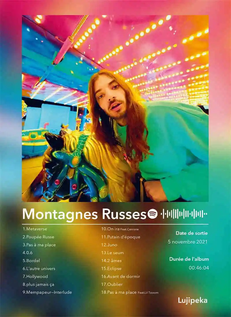 Vibrant colorful canvas print of man with long hair holding painted carousel horse under neon lights poster aesthetic 2pac