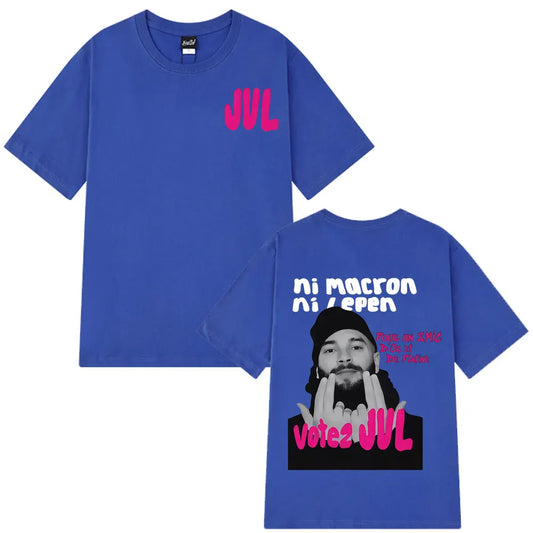 Blue short-sleeved t-shirt with jul fashion graphics featuring french rapper jul and pink lettering for streetwear