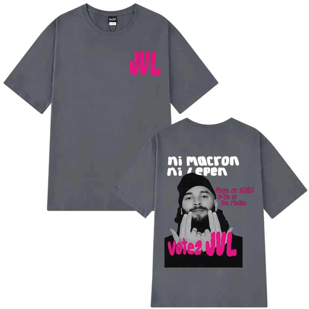 Gray short-sleeved cotton t-shirt with french rapper jul fashion graphics featuring a man’s face and pink votez jvl text