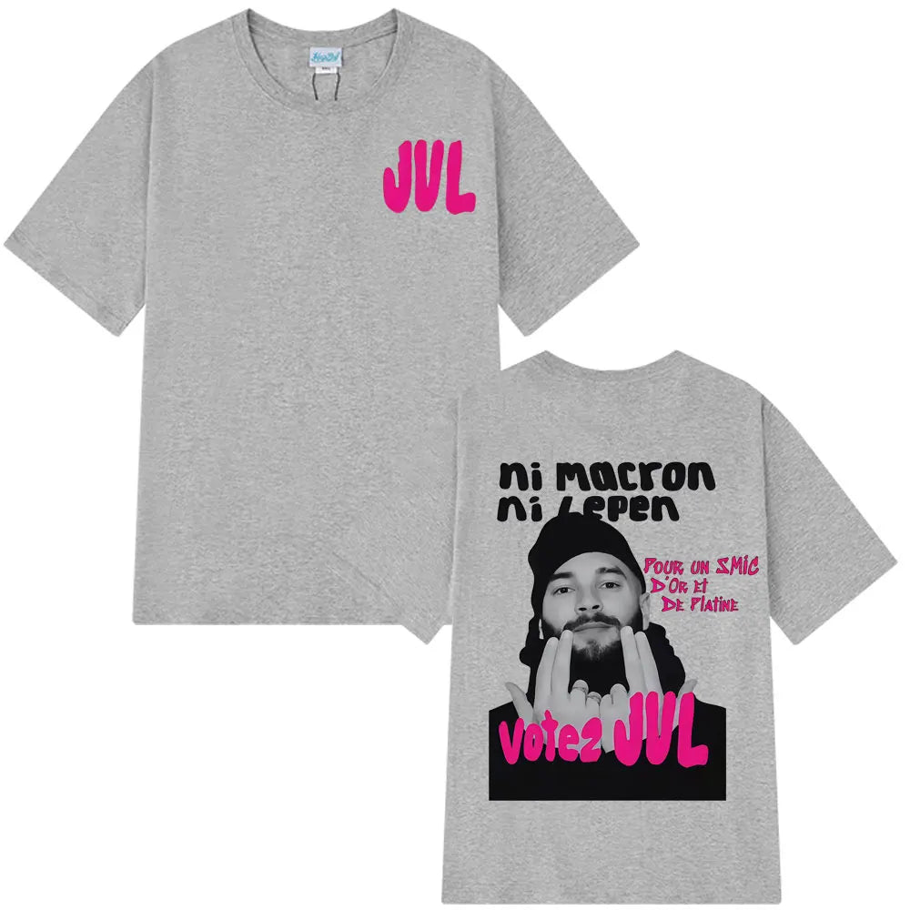 Gray heathered cotton t-shirt with bold pink jul logo and black pink graphic of man featuring french rapper jul fashion graphics