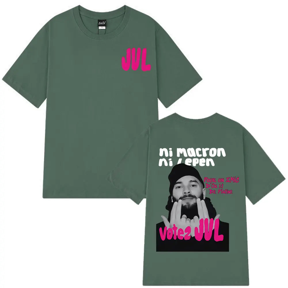 Olive green short-sleeved cotton t-shirt featuring french rapper jul fashion graphics with vote2jvl text and slogans