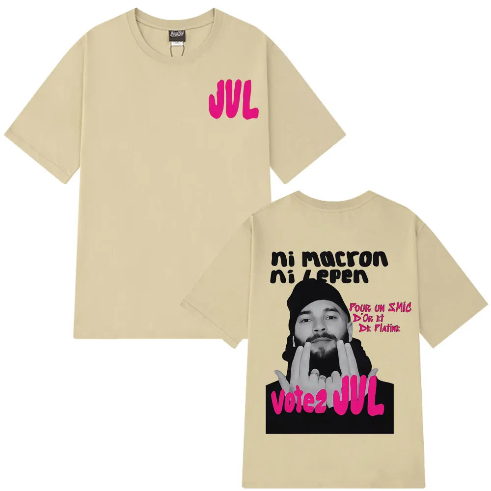 Beige short-sleeved t-shirt with jul fashion graphics featuring french rapper jul portrait and political slogans on back