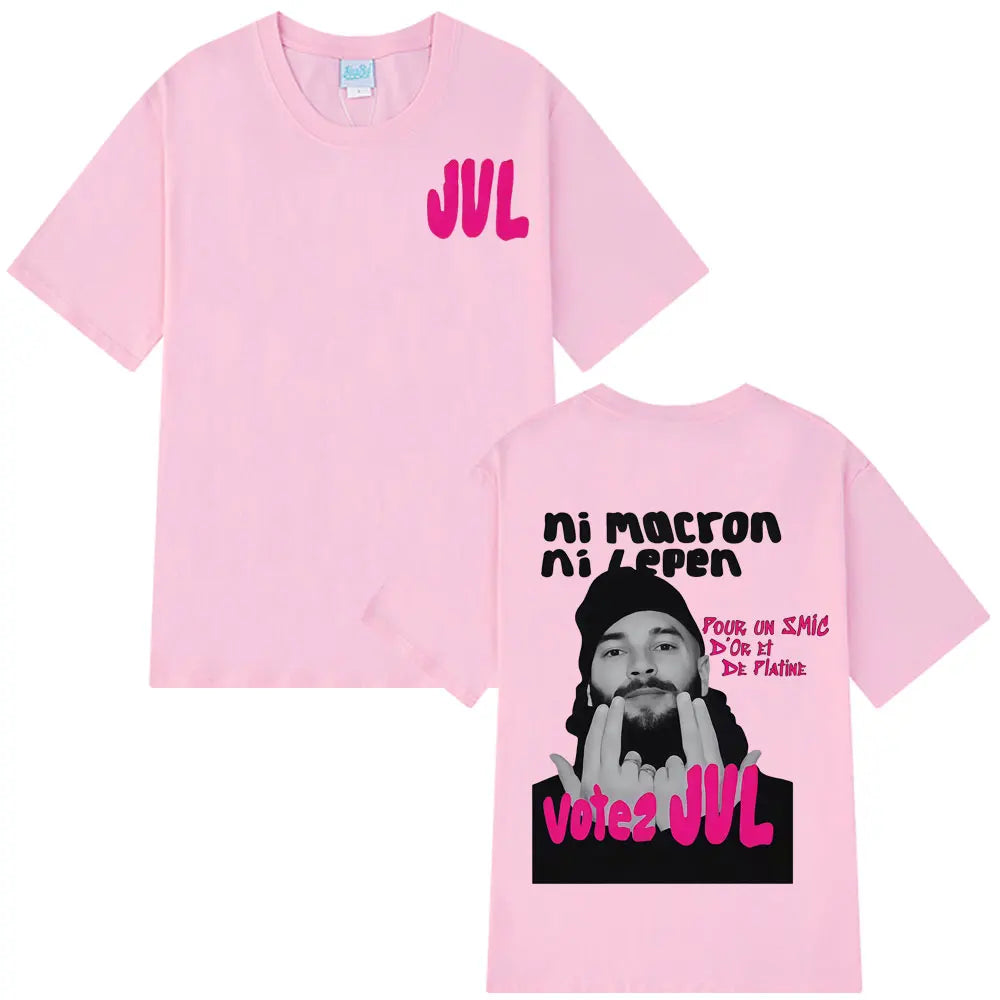 Pink short-sleeved t-shirt featuring french rapper jul fashion graphics with a man’s face and text for casual streetwear