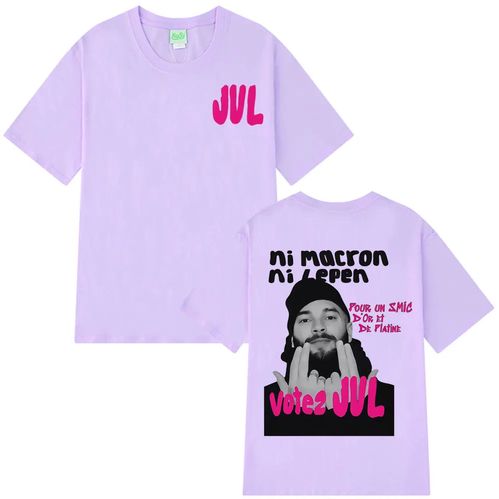 Light purple short-sleeved t-shirt with bold pink jul logo and black-and-white graphic of french rapper jul fashion graphics t-shirts