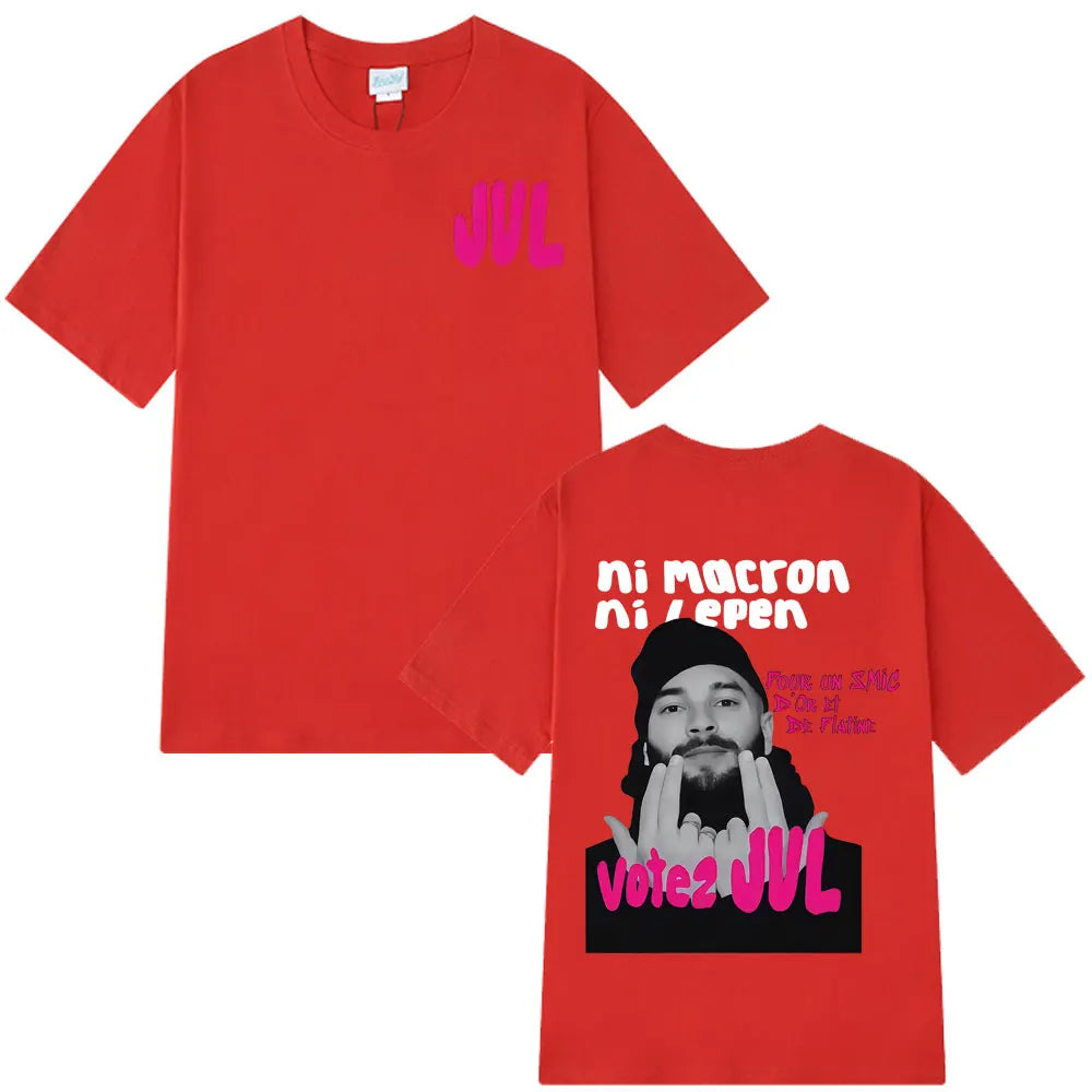 Red short-sleeved casual t-shirt featuring french rapper jul fashion graphics with pink and white print for streetwear