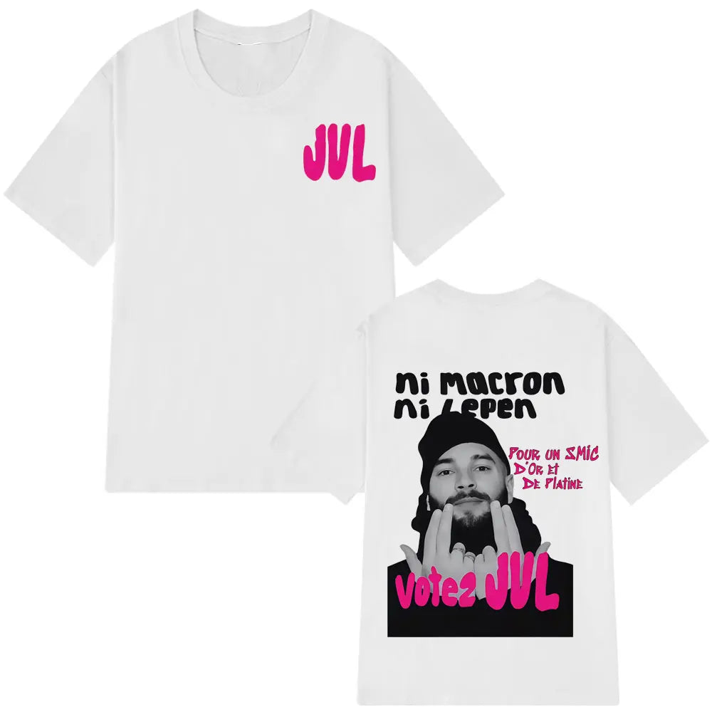 White cotton t-shirt with bold pink and black jul fashion graphics for french rapper jul inspired streetwear