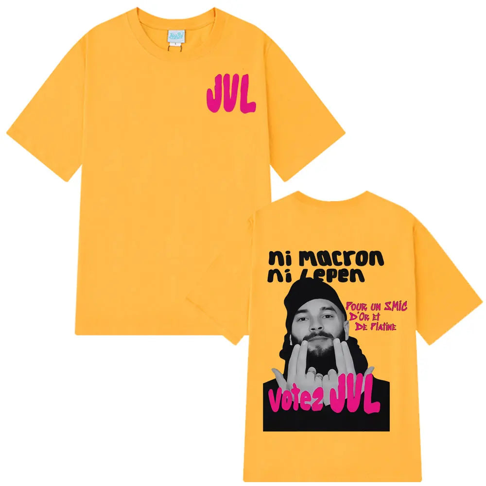 Bright yellow short-sleeved french rapper jul fashion graphics t-shirt with bold man print in pink and black for casual streetwear