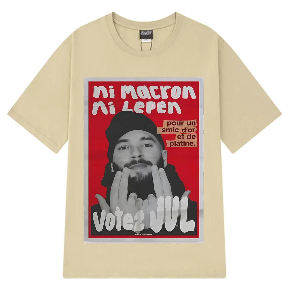 Beige short-sleeved t-shirt with bold red and black political poster graphic and white text from french rapper vote jul fashion graphics