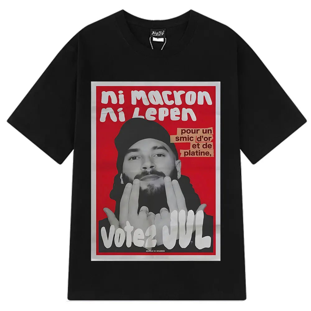 Black short-sleeved casual t-shirt with bold red and white french rapper vote graphic for jul fashion graphics fans