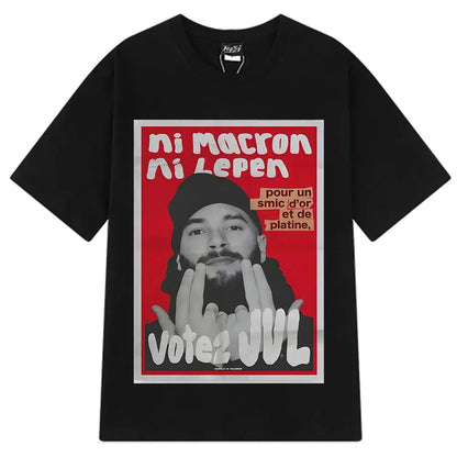 Black short-sleeved casual t-shirt with bold red and white french rapper vote graphic for jul fashion graphics fans