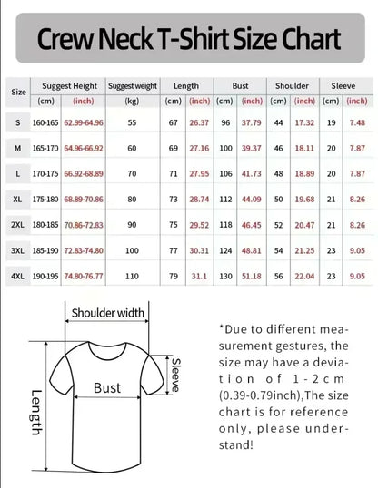 Crew neck t-shirt size chart in centimeters and inches for french rapper vote jul fashion graphics hip-hop casual streetwear sizes s to 4x