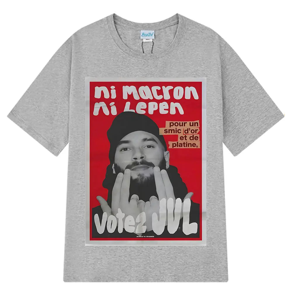 Gray heather cotton french rapper vote t-shirt with bold red graphic and white text featuring a man in a beret
