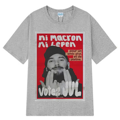 Gray heather cotton french rapper vote t-shirt with bold red graphic and white text featuring a man in a beret