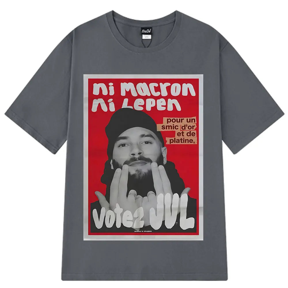 Grey short-sleeved t-shirt with bold red jul fashion graphics and white text featuring french rapper vote design