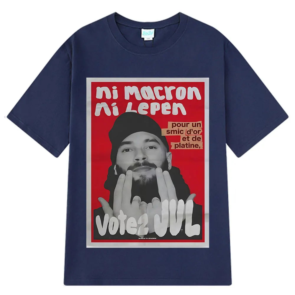 Navy blue short-sleeved t-shirt with bold red graphic and black-and-white man image, featuring french rapper vote jul fashion graphics