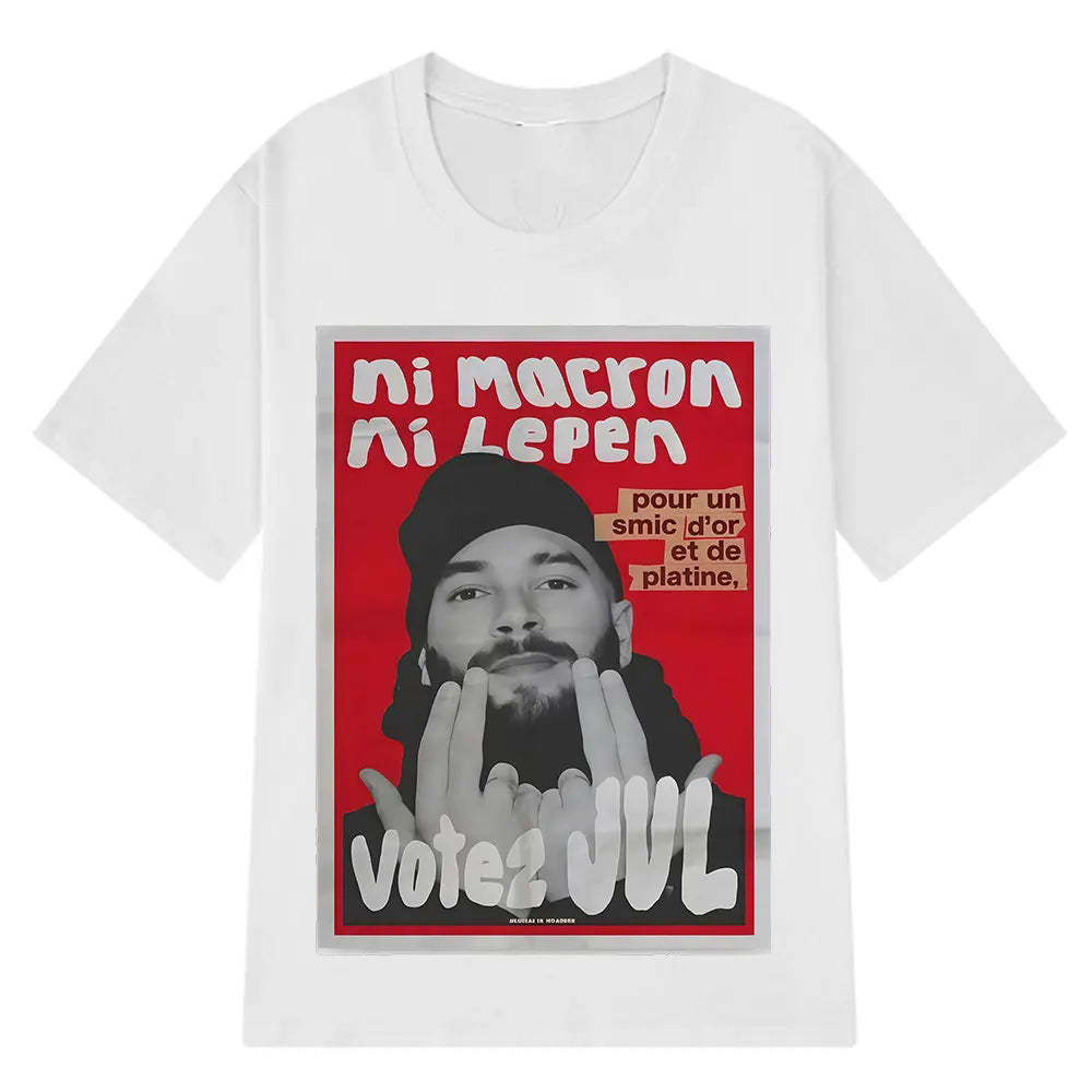 White short-sleeved t-shirt with bold red graphic and black-and-white imagery featuring jul fashion graphics for casual streetwear