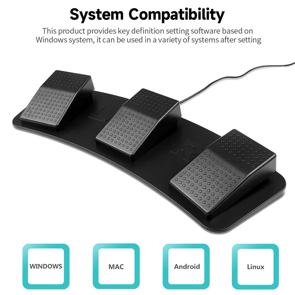 Black usb triple foot switch multifunctional pedal set with textured grip for image acquisition music and game control