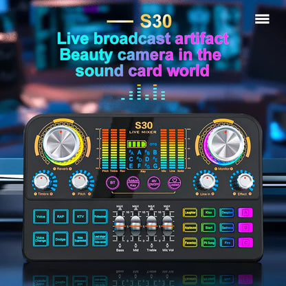 Black fuham s30 audio mixer with colorful knobs and illuminated buttons featuring voice-changing features for live sound