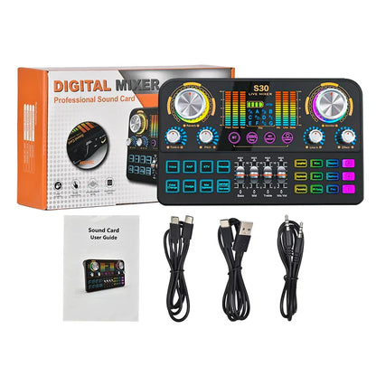 Black fuham s30 live audio mixer with colorful knobs led displays featuring voice-changing and music recording features