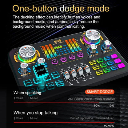 Black fuham s30 live audio mixer with colorful illuminated knobs and voice-changing features for music recording equipment