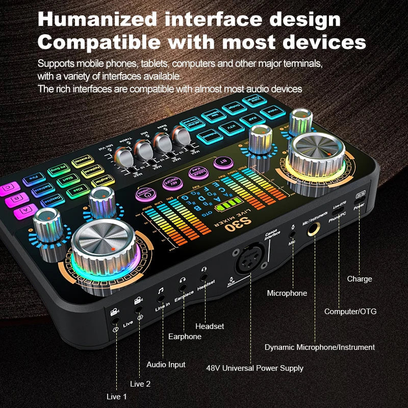 Black fuham s30 audio mixer with metallic knobs and colorful backlit buttons featuring voice-changing features for music recording