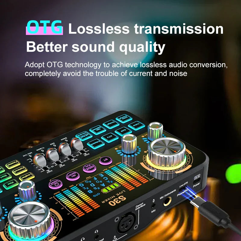 Black fuham s30 audio mixer with colorful led-lit knobs featuring otg technology and voice-changing features for live sound