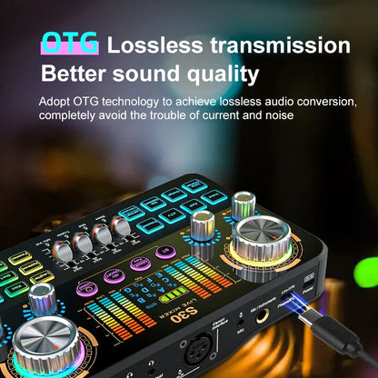 Black fuham s30 audio mixer with otg technology, colorful led-lit knobs, voice-changing features, and music recording equipment