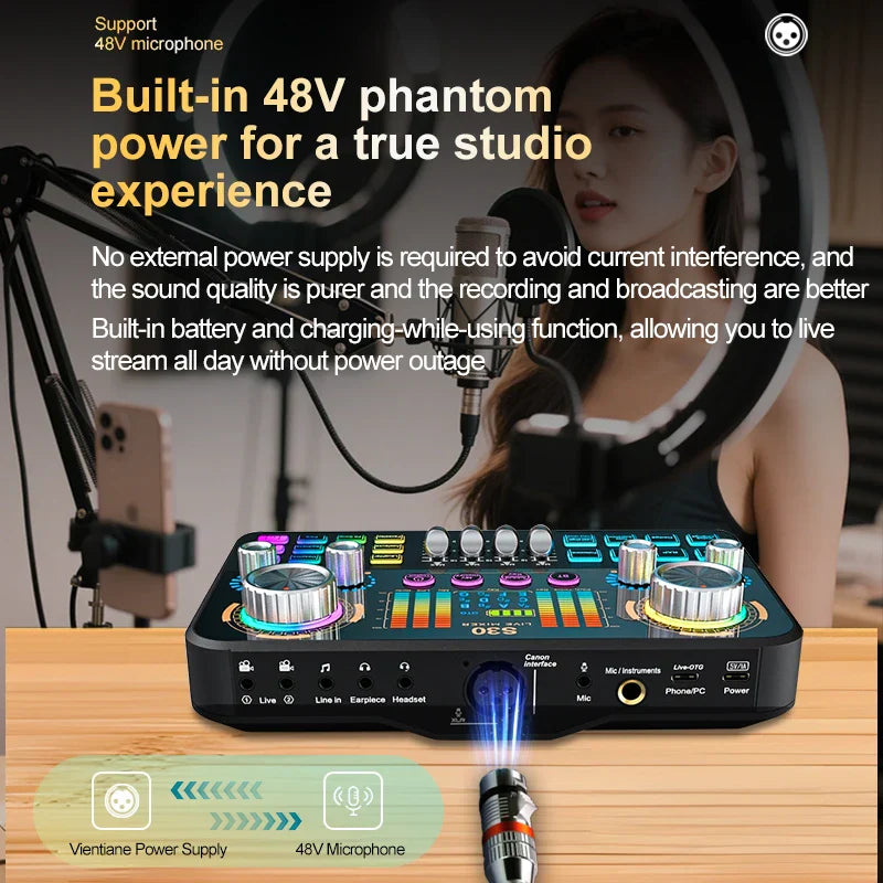 Black fuham s30 audio mixer with colorful led-lit knobs and built-in 48v phantom power for music recording equipment and voice-changing features