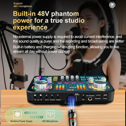 Black fuham s30 audio mixer with colorful led-lit knobs and built-in 48v phantom power for music recording equipment and voice-changing features