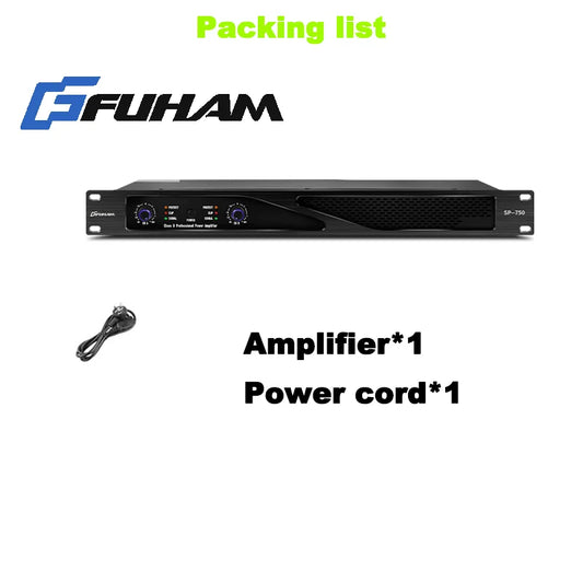 Black fuham sp750 digital power amplifier with blue-lit knobs and perforated grille for karaoke stage audio use