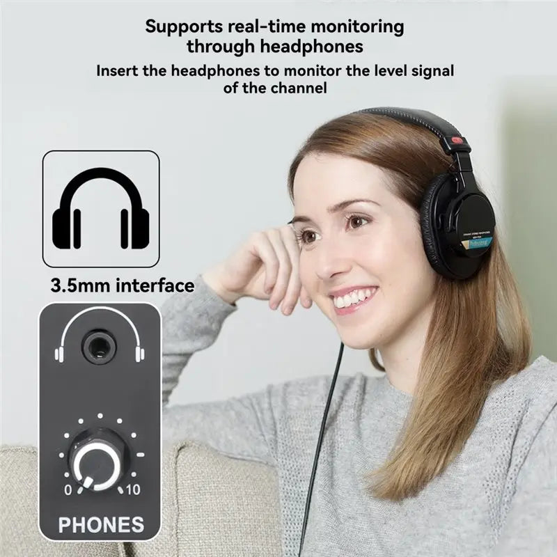 Black over-ear headphones with 3.5mm interface for real-time monitoring in dual uhf wireless channel sound mixer dj console