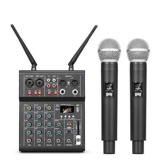 Black full 4 channel sound mixer with dual uhf wireless microphone dj console featuring two handheld mics and digital display