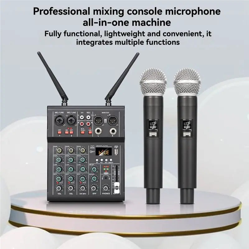 Black dual uhf wireless 4 channel sound mixer with two handheld microphones and microphone dj console for karaoke party