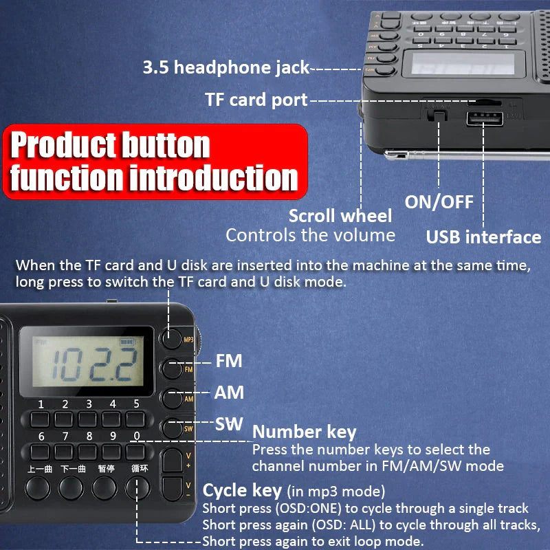 Black band radio portable with lcd display 5mm headphone jack tf usb ports and rechargeable receiver radio functions