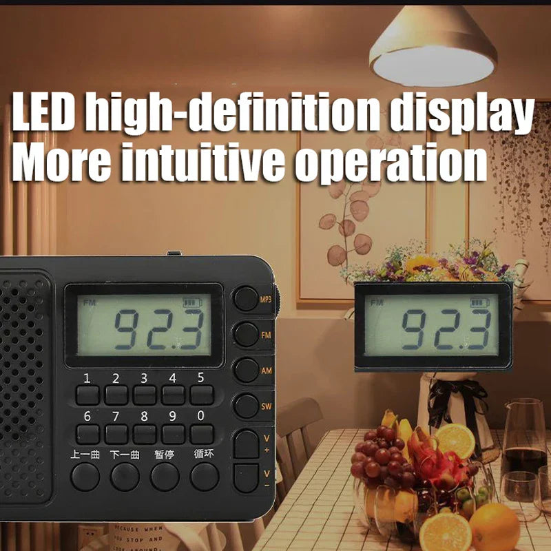 Black band radio portable with led display numeric keypad 5mm headphone jack and rechargeable receiver radio functions