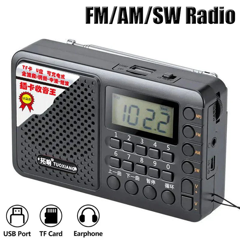 Black plastic full band portable fm am sw receiver rechargeable radio with lcd display 3.5mm headphone jack usb tf slots